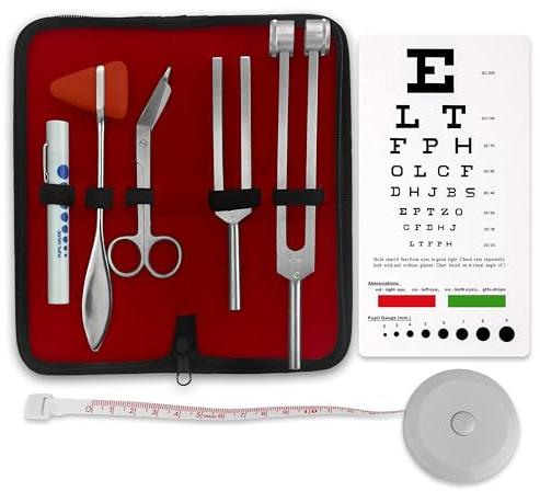 ASA TECHMED - 7-teiliges silbernes Diagnose-Set, Taylor Hammer, Maßband, Einstellgabeln, Verbandschere, Pupillen-Messstift, Snellen Augendiagramm (Silber)