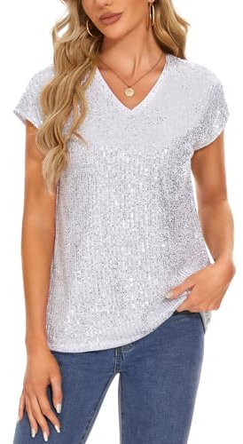 MINTLIMIT Damen Elegant Pailletten Glitzer Oberteil Festliche Bluse Kurzarm Tunika Lässig V-Ausschnitt (silbrig L)