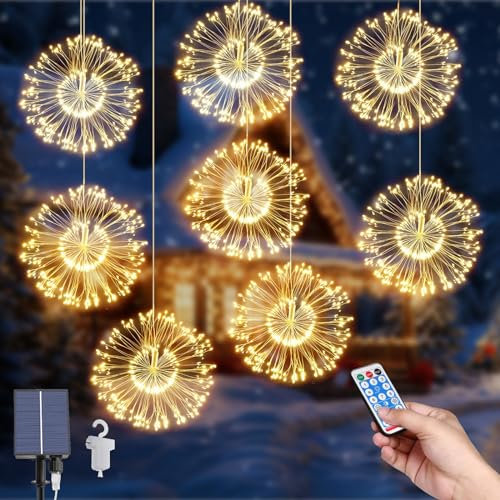 Solar String Garten Lichter, 8Pack Hängende Solar Feuerwerk Lichter 800 LEDs 8 Modes Lichterkette Außen Starburst Wasserdichte Kupferdraht Lichter mit Fernbedienung für Home Xmas Außendekorationen