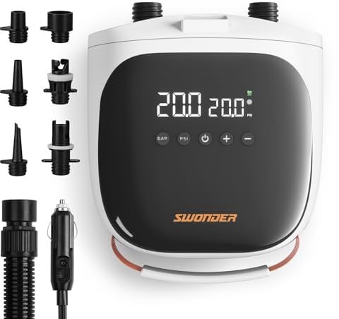 Swonder SUP-Pumpe, 30% Schnellere Inflation SUP Pumpe, Kompakte & Leichte Elektrische Luftpumpe mit 1.38Bar(20PSI) Hochdruck, Zweistufen, Automatische Abschaltung & Entlüftungsfunktion