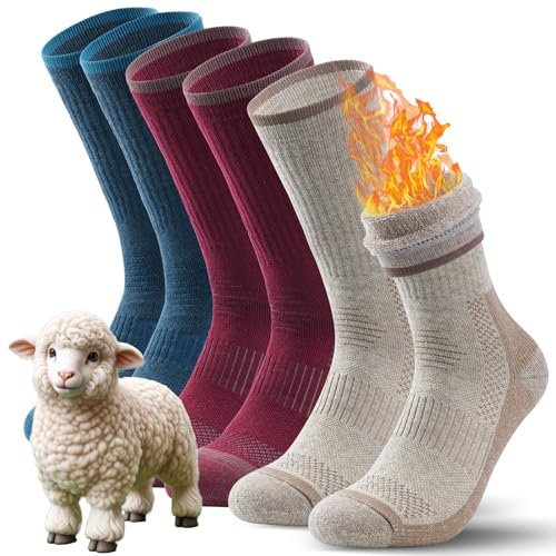 TANSTC Chaussette de Randonnée en Laine Mérinos pour Homme Chaussette d'hiver Renforcées Anti-ampoules pour La Randonnée Thermique 3 Paires Coloré 43-46