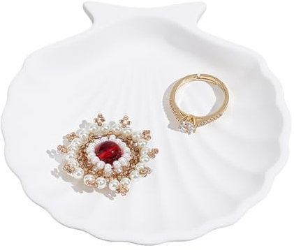 NBEADS Vassoio per Gioielli A Forma di Conchiglia, 10.5x10.7x2.1cm Piccolo Decorativo Gesso Gingillo Piatto Bianco Piatto di Gioielli Vassoio di Stoccaggio Vassoio Accento per Anelli Collane Orecchino