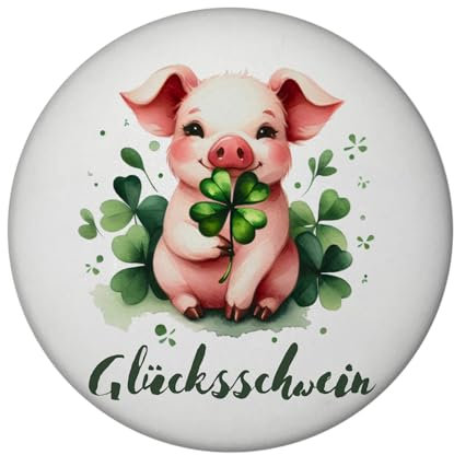 Glücksschwein mit Kleeblatt Magnet rund Glücksschwein mit Kleeblatt Magnet - Tierischer Glücksbringer in Grün Natur Pflanze Design