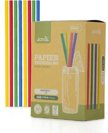 Sovie Cannucce di carta colorata – cannucce senza plastica – certificate FSC, prodotte in Europa, biodegradabili – Ø 8 mm – 20 cm di lunghezza – 150 pezzi