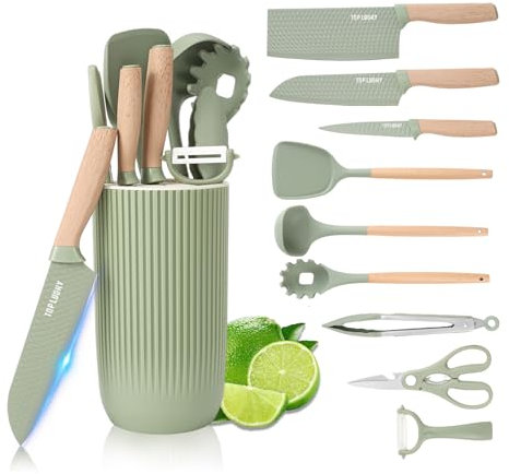Cooking Utensils Set, 10-Pieces Kitchen Utensils and Knife Set with Block, Silicone Cooking Utensils Set, Sharp Stainless Steel Chef Knife Set, Home Kitchenware Cookware with Holder (Green)