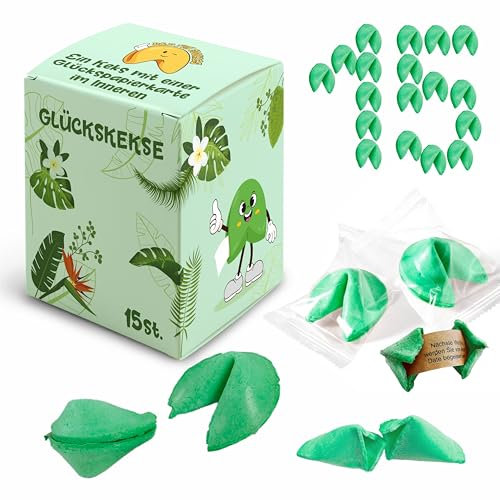 D&D Fun Cookies Bunte Glückskekse 15 Stück | Ferien-Glückskekse | Tolles Geschenk für Gäste | Individuell verpackt | Chinesische Glückskekse | Fortune Cookies (Grün)