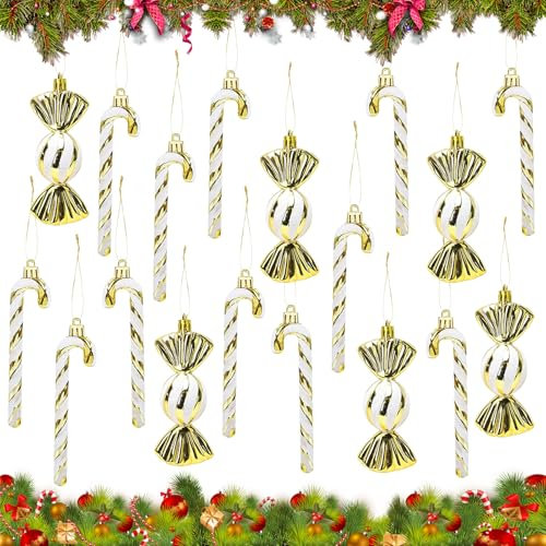 SPHERETRON Zuckerstangen Deko 18 Stück Zuckerstangen Weihnachtsbaum Christbaumkugeln Gold Weihnachtsbaumschmuck Christbaumschmuck Anhänger