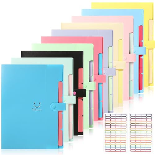 WOOWAIR 10 Stück Fächermappe, Dokumentenmappe A4, Mappe mit 5 Fächern, fächermappe a4 mit Etiketten, Ordnungsmappe Mappen Ordnersystem für Zuhause, Büro, Schule