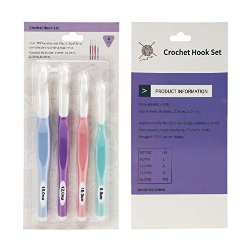 Häkelnadel Set, Wollhäkelnadel Set, 4 Stück Häkelnadel Ergonomischer Griff, 8 mm, 10 mm, 12 mm, 15 mm, TPR Komfortgriff und ABS Hakenkopf, Häkelwerkzeug für Häkeln Stricken Basteln