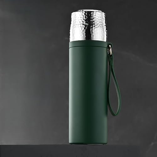 Longiang Stainless Steel Water Bottle 500 ml, Thermos Flask with Cup and Tea Strainer, Leak-Proof, Double-Walled Vacuum Insulation, BPA-Free, Thermos Flask for Hot and Cold Drinks (Green)