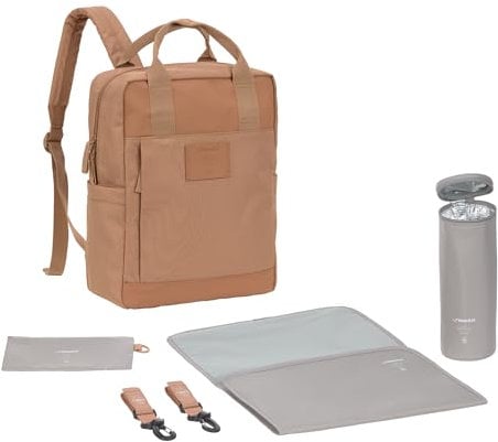 LÄSSIG Baby Wickelrucksack Wickeltasche Rucksack mit Wickelunterlage, Kinderwagenbefestigung, Flaschenhalter nachhaltig produziert/GRE Vividal Backpack almond