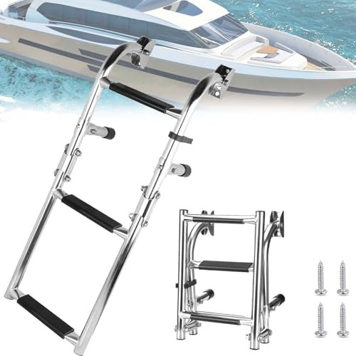 Aisny Escalera Piscina Barco 3 Escalones Acero Inoxidable 304 Telescópica Plegable 180 Grados Antideslizante 62 cm 408 kg