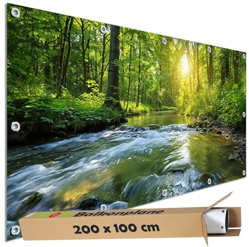 TRIOSK Sichtschutz Balkon Deko Plane Balkonblende Blickdicht mit Motiv Wald Bach Wasser Baum für Garten Terrasse Gartenzaun Balkonverkleidung Blickschutz PVC groß 200x100 cm