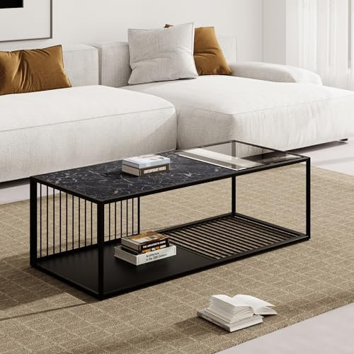 Mesa de centro moderna de hierro forjado con cristal, gran espacio de almacenamiento, color negro, 110 x 48 x 35 cm