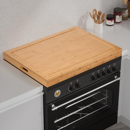 Bamboo Stove Covers for Gas Burners, 30''L x 22''W x 2.5''H Noodle Board for Electric Stove with Handles, Cutting Board with Groove, Sink Cover, Serving Tray (Natural Bamboo)