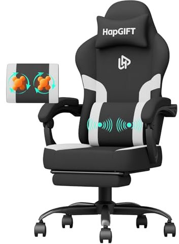 HapGIFT Gaming Chair, Computer Chair with Massage Lumbar Support, Ergonomic Gaming Chair with Footrest, High Back Adjustable Technical Fabric with Headrest, Gamer Chair for Adults (Black-White)
