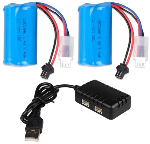 2PCS 7.4V 1000mAh 2S Li-ion Battery with SM-2P Plug & USB Charger for WPL MN D90/91, 99/99s D12 RC Car, H101 Remote Control Boat and Ansky Gel Ball Blasters