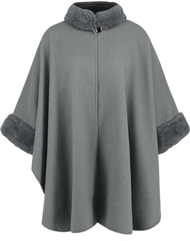 Uqezagpa Cappotto invernale da donna, con cappuccio, stile poncho, con bordo in pelliccia, aperto sul davanti, maglione oversize, scialle avvolgente, giacca da esterno alla moda, grigio, Taglia unica