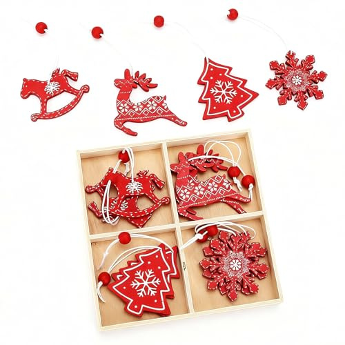 12 Pcs Wooden Christmas Tree Decoration, Traditional Christmas Decorations, Wooden Ornaments with Cords, Deer Bell Snowflake Shape Pendant Hanging Decor for XmasTree Hanging Ornaments Gift DIY Craft