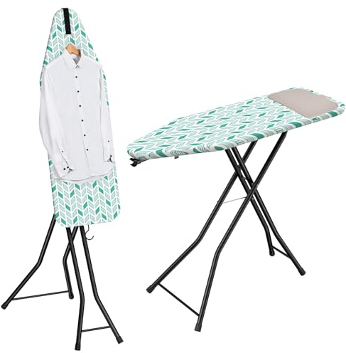 LyriFine Ironing Board, 2-in-1 Flat and Hanging Board, Sturdy Steel Frame Iron Board with Non-Slip Feet, Heat Resistant Cover Iron Board with Iron Rest, Ironing Board Full Size & Hook, 14″ x 43″ Green