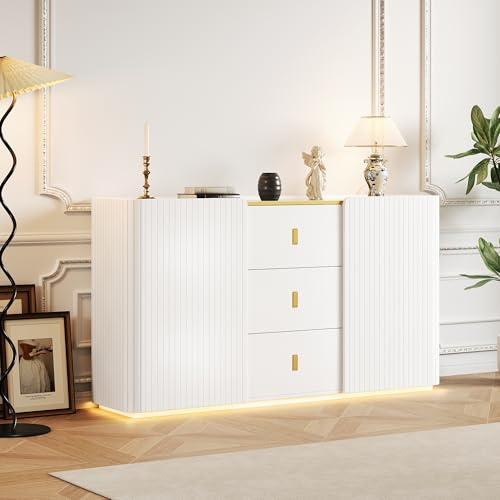 Kebnor LED Sideboard Breite 150 cm, Multifunktionales Sideboard,Kommode, Highboard, 2 Türen, 2 Schubkästen, Anrichte mit LED-Beleuchtung