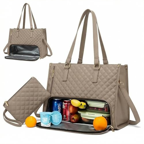 WORLUDE 2 in 1 Tote Bag Lunch Bag Combo - Lunch Tote Bags with Insulated Lunch & Laptop Compartment, Leakproof Tote Bags with Crossbody and Shoulder Strap Options for Travel, Office, College (Khaki)