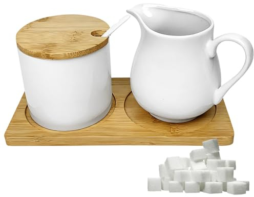 DAJASD Milch und Zucker Set mit Deckel und Löffel, 260ml Milchkännchen Weiß Keramik und Zuckerdose, Keramik Milchkännchen und Zuckerdose mit Holz Tablett, Spülmaschinen- und Mikrowellengeeignet(Weiß)