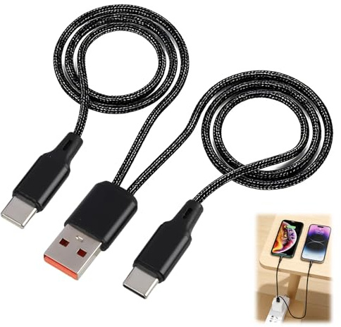 Piaeny Cable USB A a doble tipo C de 1,2 m, cable de carga USB-C divisor negro, 2 en 1 multi cable USB-C con carga rápida de 3 A y transferencia de datos