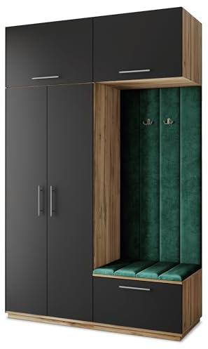 Masseno Flugarderoben Set Rema, Kleiderschrank-Set mit Sitzbank, Garderobenschrank Flur mit 5 Regalböden, Eiche Wotan/Schwarz
