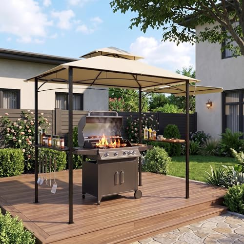 NAIZY Grillpavillon Winterfest 200x122x253cm Belüftung Grillunterstand mit Seitenmarkise, 2 Seitenregalen & Haken Stahlrahmen Pavillon für Garten Party BBQ, Beige