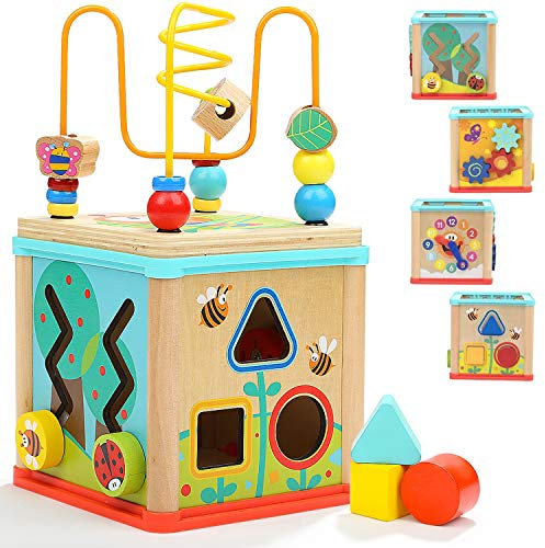 TOP BRIGHT Wooden Activity Cube 5-in-1 – Wooden Activity Table for Kids and Babies Age 1, 2 year olds – Educational Centre with Bead Maze and Sorting – Fun and Entertaining Toy for Boys Girls