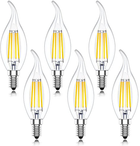 Huoqilin E14 LED Kerze Lampe Warmweiss, Klar Windstoß Kerzenform,4W 40W-Äquivalente, Kleine Flammenlampen,Warmweiß 2700K, 6er-Pack