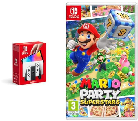 Console Nintendo Switch (Modèle OLED) avec Station d'Accueil/Manettes Joy-Con Blanches + Mario Party Superstars (Nintendo Switch)
