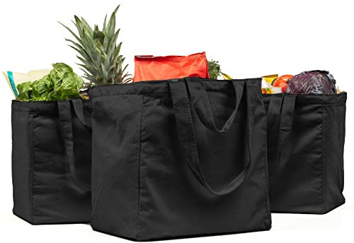 VeraMia Einkaufstasche aus Segeltuch, 3-teilig, XL, mit echten Taschen, langem Schultergurt und kurzem Griff, strapazierfähig, faltbar, waschbar, Schwarz, X-Large