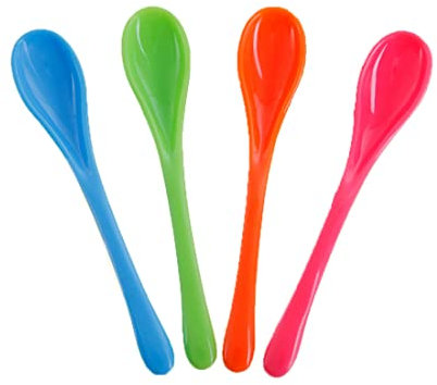 SURALIN Lot de 4 petites cuillères en plastique colorées, cuillères à café, cuillères à oeufs, cuillère à dessert, mini cuillere verrine plastique