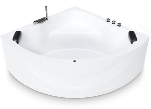 AQUADE Acryl Eckbadewanne 140x140 Modell: Kassel - Weiß Badewanne Komplettset 140x140 - Badewannen Mit Wannenträger + Schürze + Wannenrandarmatur + Nackenkissen + Led