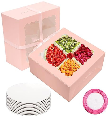 GUIFIER 10 Pieces 10 inch Cake Boxes with Cake Boards and Pink Ribbon, 10x10x5 Inches Cake Boxes with Window, Paper Bakery Box, Cake Carrier, Cookie Box, Gift Pastry Boxes for Cake Dessert, Pie (Pink)