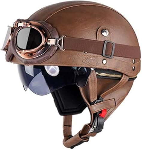 Retro Helm Motorradhelm Lederhelm Jethelme Vintage Mopedhelm Mit Brille ECE Zertifiziert Motorradkreuzer-Rollerhelm im Deutschen Stil (Braun (Farbe),L/59-60cm)