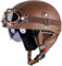 Retro Helm Motorradhelm Lederhelm Jethelme Vintage Mopedhelm Mit Brille ECE Zertifiziert Motorradkreuzer-Rollerhelm im Deutschen Stil (Braun (Farbe),L/59-60cm)