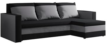 FORNIRO 24 Loft Ecksofa mit Schlaffunktion und Bettkasten - Sofa mit 3 Sitzen und Robustem Überzug - Universal Schlafcouch L-Form - Modern Couch - 225x130x75 cm - Schwarz-Grau