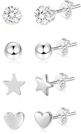 Ohrringe Silber 925 Ohrstecker Set Damen, ASH'S CHOICE 4 Paar Kleine Sterling Silber Ohrstecker mit Zirkonia Steine, Multipack Medizinische Piercing Ohrringe Kugel Herz Stern Ohrstecker Kleine Set