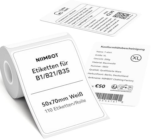 NIIMBOT Etiketten für B1 B21 B3S Etikettendrucker, 50 x 70mm 110 Etiketten pro Rolle, 1 Rolle Selbstklebender Etikettenband Thermo-Etikettenband für Supermärkte, Einzelhandel, Büro, Weiß