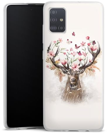 Slim Case kompatibel mit Samsung Galaxy A51 Silikon Handyhülle transparent Hülle extra dünn Hirsch Tiere Blumen