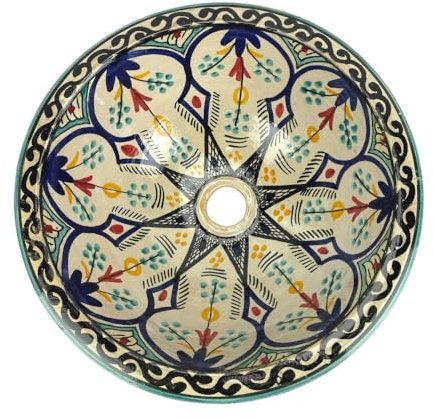 Lavabo marroquí de cerámica pintado a mano, original de la ciudad de Fez (Marruecos), 40 cm de diámetro