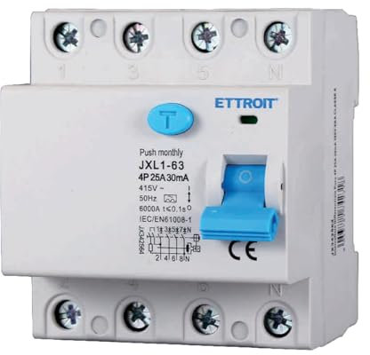 A2ZWORLD Interruptor diferencial puro tipo A trifásico, RCCB Clase A 30 mA 4P 25 A, 3P + N 4 polos 6 kA AC 400 V, ocupa 4 módulos DIN