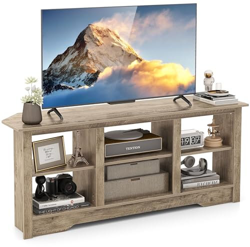 COSTWAY TV Stand Cabinet for 65 Inch TVs, Wooden Media Entertainment Center with 6 Open Storage Shelves, 147cm Living Room Bedroom TV Unit Console Table for 18 Electric Fireplace