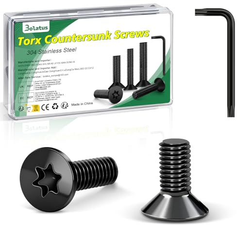 20 Stück M8 x 10 mm Senkkopfschrauben Schwarz, Bolatus 304 Edelstahl Schrauben Torx Senkkopfschrauben mit Torx Schlüssel und Box nach Norm ISO 14581 für Maschinen und Geräte, Außenanlagen, Möbel, Holz