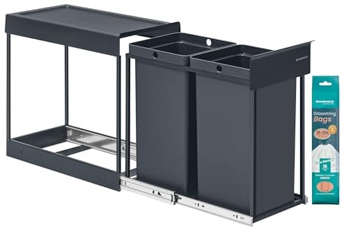SONGMICS Poubelle de Tri Sélectif, Poubelle de Cuisine Extractible Coulissante, 2 Seaux de 15 L, Coulissement en Douceur, Structure en Acier, Couvercle en ABS, Gris LTB950GZ01