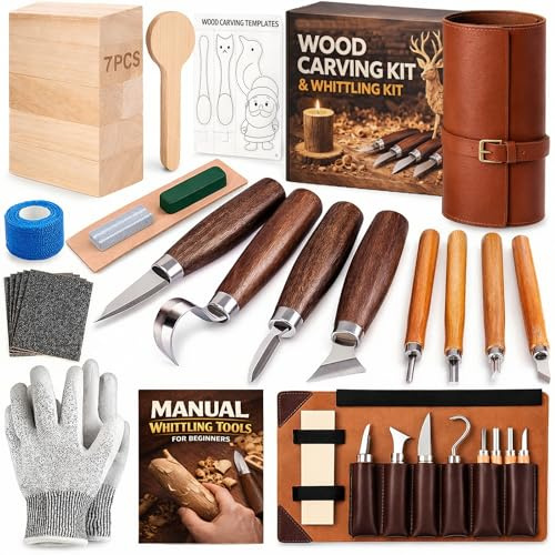 Schnitzmesser Schnitzwerkzeug Set 25-teilig: Holz Schnitzen Set | PU-Ledertasche, Lindenholz, Handschuhe, Schleifstein, Handschuhen - Wood Carving Set für Anfänger - Geschenkidee