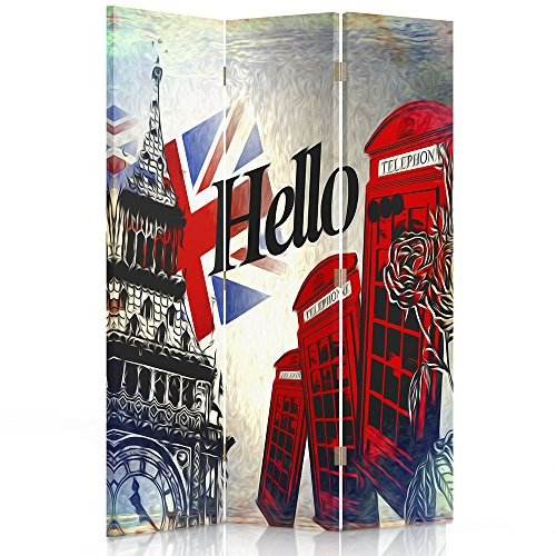 Feeby Frames. Raumteiler, Ggedruckten auf Canvas, Leinwand Wandschirme, dekorative Trennwand, Paravent einseitig, 3 teilig (110x150 cm), London, Hallo, Inschrift, Symbole, Flagge, Zelle, MODERN